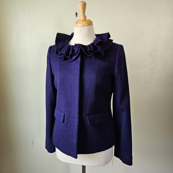 Boden Cashmere/Wool Royal Purple Ruffle Collar Jacket Blazer Lagenlook 12UK/8US - Picture 2 of 10
